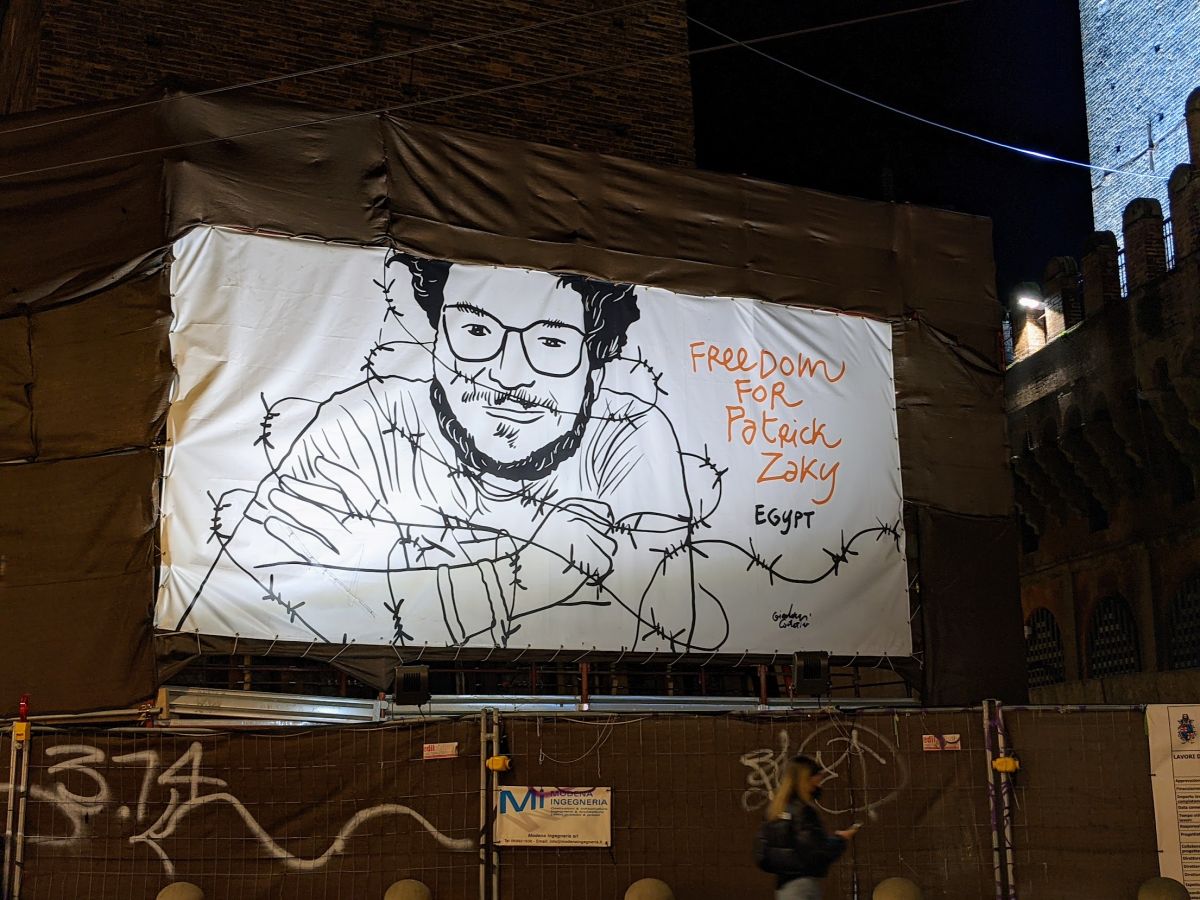 A protest sign, saying "Freedom for Patrick Zaky - Egypt". Zaky was an Egyptian student at the University of Bologna, who was arrested when returning to Cairo for political reasons.