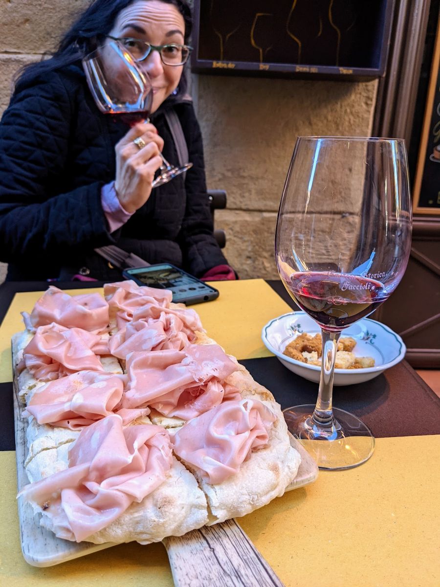 Platter of focaccia topped with mortadella