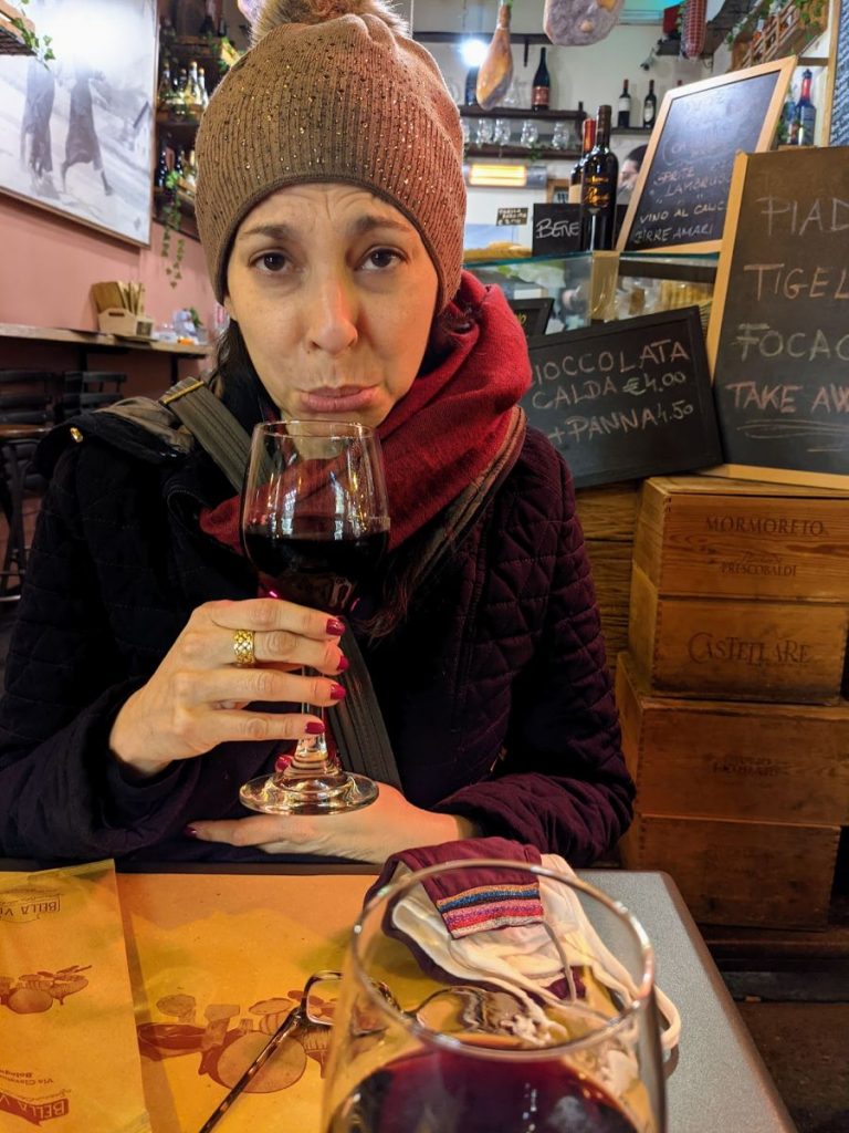 Teresa looking sad as she enjoys her last glass of wine in Bologna before leaving in the morning.