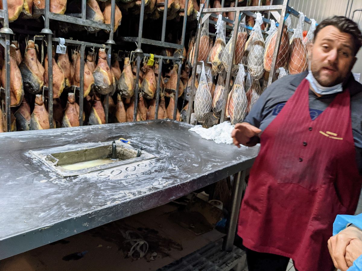 Salumi maker showing us the salting table