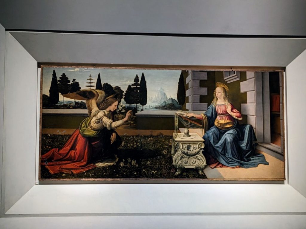The Annunciation by Leonardo da Vinci, viewed straight-on.