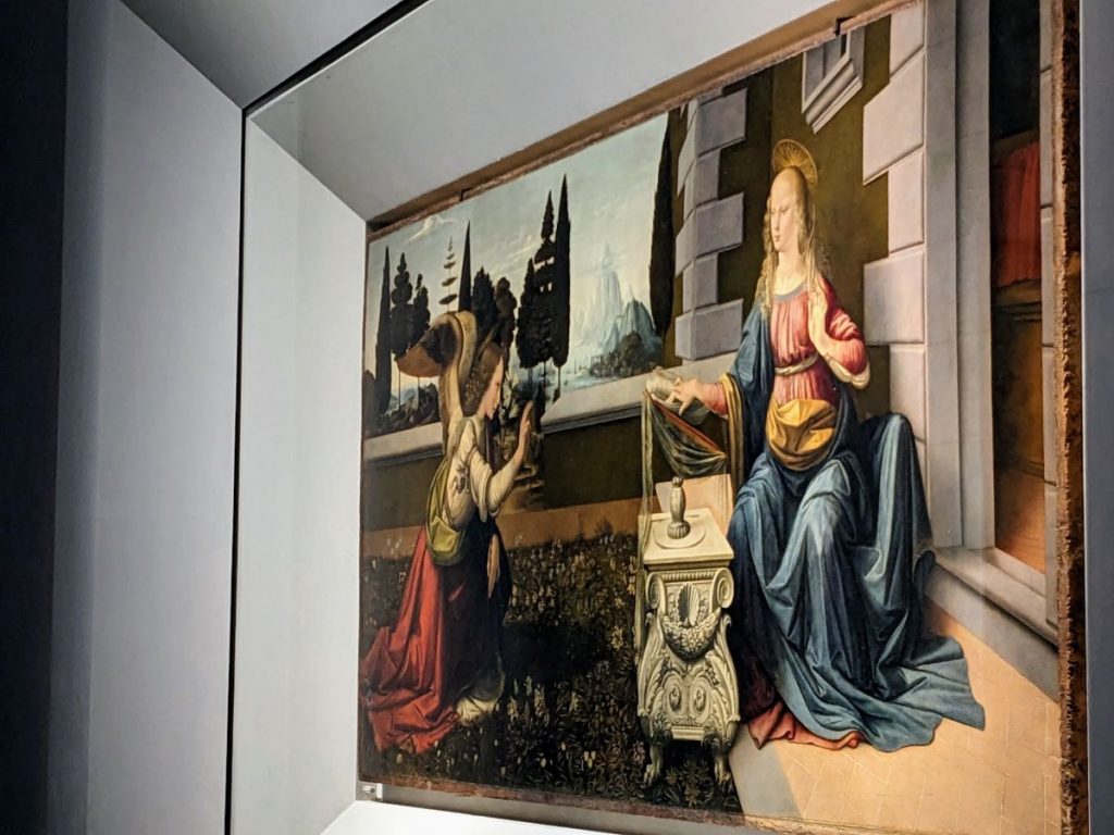 The Annunciation by Leonardo da Vinci, viewed from an angle.