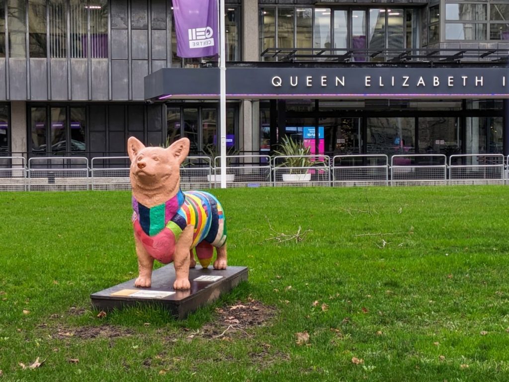 A colorful Corgi statue on the United Nations Green in front of the Queen Elizabeth II Centre