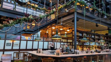 Interior of Dishoom, an Indian restaurant