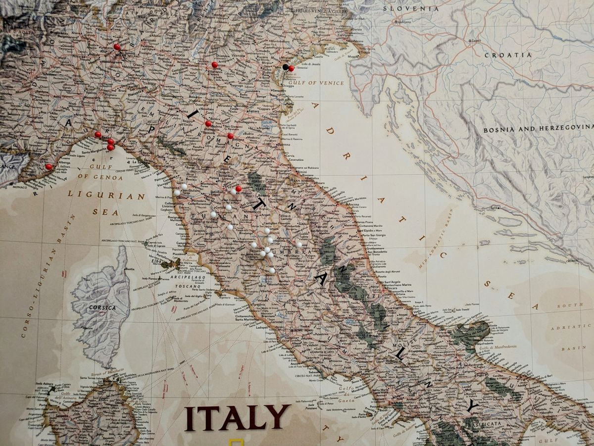 Map of Italy with pins in locations we've visited