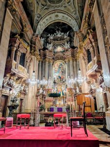 Inside of St. Peter's Church, with chairs set up for a string quartet.
